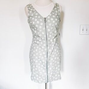 NWT No Boundaries | Green and White All Over Floral Pattern Zip up Mini Dress